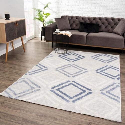 Tapis Salon 200x280 Tissé Gris Clair Et Bleu Rectangle Motif Géométrique Douca