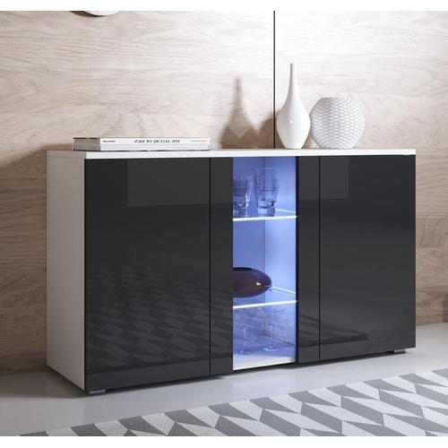 Buffet Bahut 3 Portes 2 Étagères Vitrine Avec Led | 120 X 72 X 40 Cm | Couleur Blanc Et Noir Finition Brillante | Meuble De Rangement | Modèle Luke A1