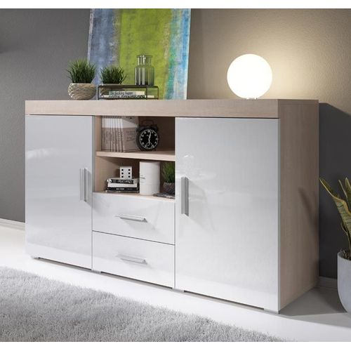 Buffet Bahut 2 Portes 2 Tiroirs | 140 X 80 X 40 Cm | Couleur Sonoma Mate Et Blanc Finition Brillante | Meuble De Rangement | Modèle Roque