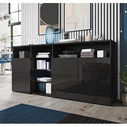 Buffet Bahut 3 Portes Avec Led | 150 X 70 X 35 Cm | Couleur Noir Finition Brillante | Meuble De Rangement | Modèle Clark