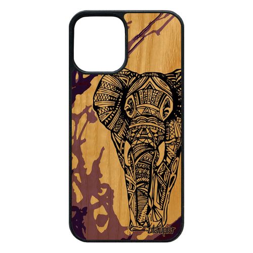 Coque Bois Naturel Veritable Pour 12 Pro/Iphone 12 Silicone Elephant D'asie Sagesse Azteque Dessin Motif Design Ethnique 64 Go