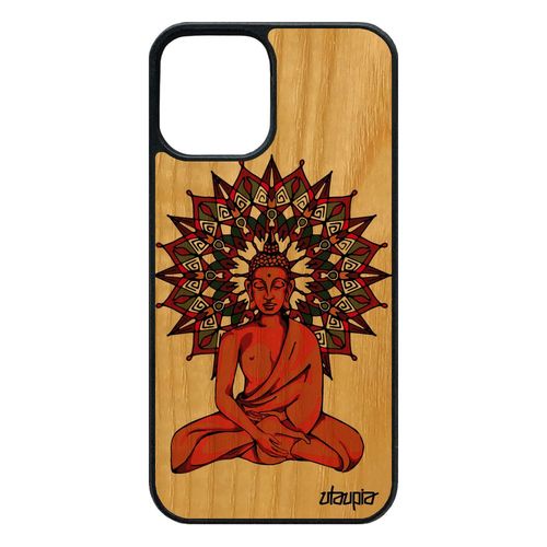 Coque 12 Pro/Iphone 12 En Bois Silicone Bouddha Image Marron Tibet 64 Go Pochoir Fantaisie Mandala Rosace Design Hindou Housse