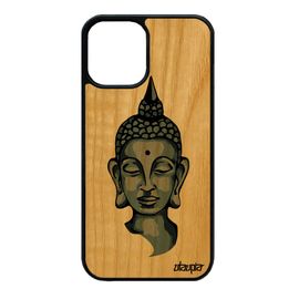 Coque En Bois Iphone 12 Mini Silicone Bouddha Pochoir Portrait Gris Visage 4g Housse Bouddhisme De Luxe Etui Thailande Image