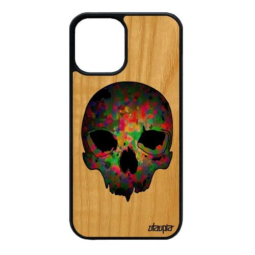 Coque Iphone 12 Mini En Bois Silicone Tete De Mort Squelette Antichoc Biker Violet Horreur Urbain Masque Os Smartphone Motif