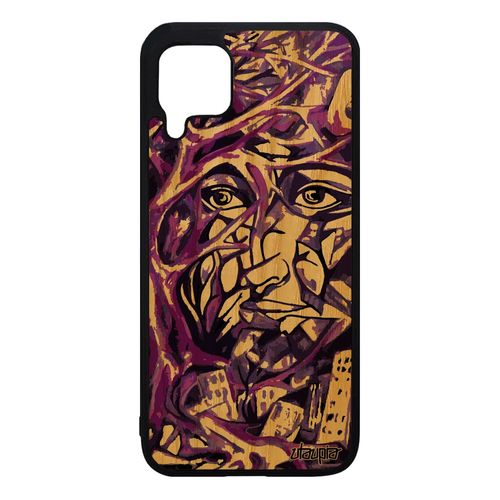 Coque Huawei P40 Lite Bois Naturel Silicone Portrait Street Art Violet Telephone Pas Cher Portable Visage Immeubles Peinture Arbre