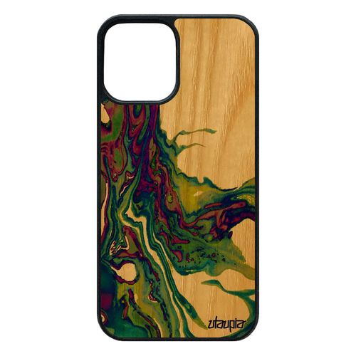 Coque 12 Pro/Iphone 12 En Bois Silicone Peinture Decoratif Portable Mobile Etui Marbre Coloré Art Artisanal Jaune 64 Go Dessin