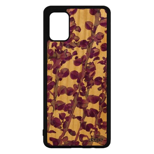 Coque En Bois Samsung Galaxy A71 Et Silicone Motif Feuilles Plantes Nature Fait Main Floral De Protection Violet Effet Fleurs Bumper