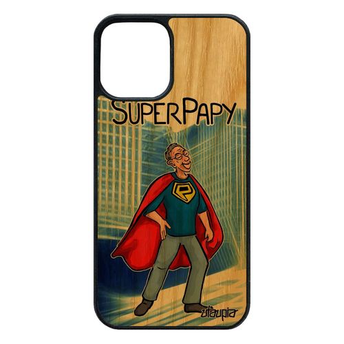 Coque Bois Silicone Iphone 12 / 12 Pro Super Papy Comique Texte Enfant Personnalisé Humour Bande Dessinée Comics Papi 64 Go De