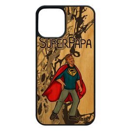 Coque Pour Iphone 12 / 12 Pro En Bois Veritable Silicone Super Papa Heros Humour Comics Dessin Housse Gris Antichoc Rigide