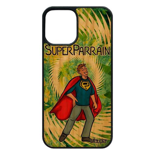 Coque Bois Pour Iphone 12 / 12 Pro Silicone Super Parrain Comics Vert Humour Cadeau De Noel Naissance Fille Etui Bd Smartphone