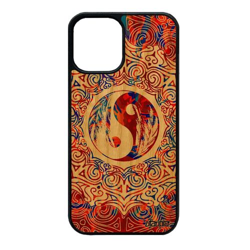 Coque En Bois Silicone Antichoc Pour Iphone 12 Mini Yin Et Yang Peinture Orange 4g Housse Chine Mandala Ying Coloré Rosace