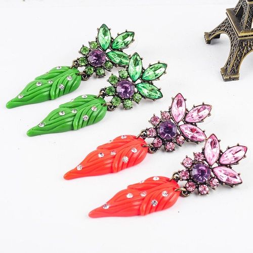 Boucles D'oreilles Pendantes Rouge Et Vert Couleur Mode Feuille Boucle D'oreille Résine Verre En Alliage De Zinc Meilleur Ami C