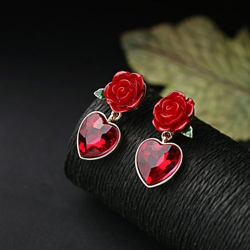 Boucles D'oreilles Pendantes Sexy Rouge Résine Rose Fleur Exquise Verre Coeur Goutte Boucles D'oreilles Pour Les Femmes Cadeaux