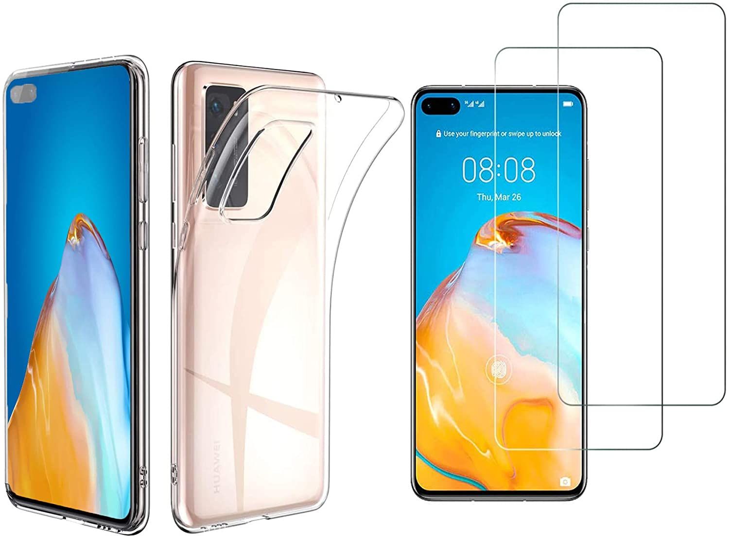 P40 Housse Coque Etui Transparent Huawei P40 Avec Protecteur D'écran Verre Trempé, Gel Ultra Fin En Silicone Tpu Housse Coque Etui