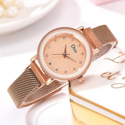 Montre À Quartz En Or Rose Pour Femmes, Élégante, Mode De Luxe, Diamant, Bracelet En Maille Magnétique