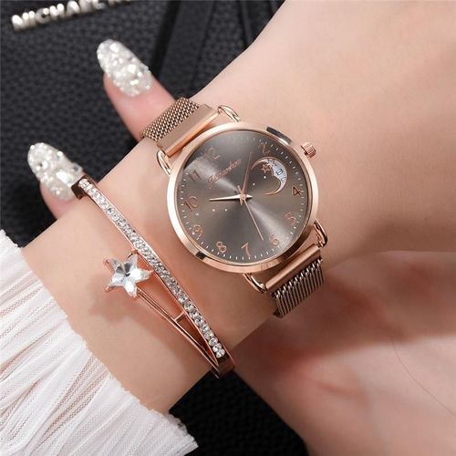 Montre-Bracelet En Maille En Or Rose Pour Femmes, Montre-Bracelet De Luxe À Numéros Simples, Horloge À Quartz, À La Mode