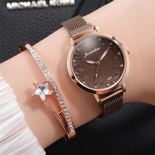 Montres De Luxe En Strass Pour Femmes, Design À Cadran Rose En Relief, Bracelet À Boucle Magnétique En Acier Inoxydable, Mode