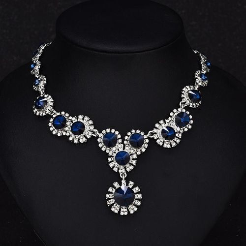 Ensemble De Fleurs De Style À La Mode, Collier Plaqué Sous Vide Avec Pendentif En Verre De Cristal De Couleur, Bijoux Bleu Noir