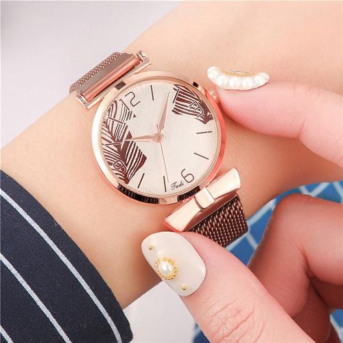 Montres Magnétiques Pour Femmes, Design De Cadran De Feuilles, Montre-Bracelet En Acier Inoxydable Or Rose Avec Bracelet En Maille D