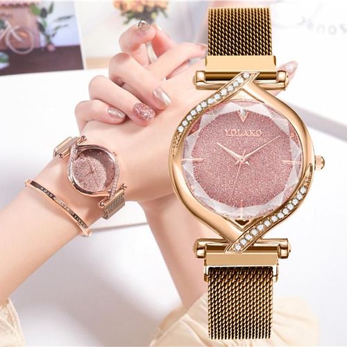 Montres Magnétiques De Luxe Pour Femmes, Montre-Bracelet Rose Simple En Acier Inoxydable