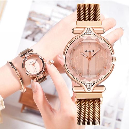 Montre À Quartz En Cristal Brillant Pour Femmes, Montre-Bracelet De Luxe Rose, En Acier Inoxydable, Maille, Boucle Magnétique, Pour