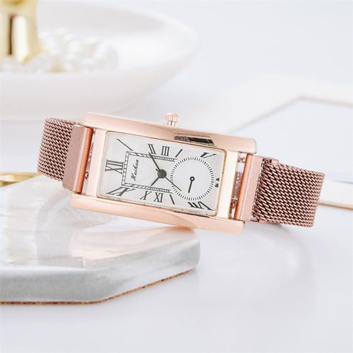 Montres Rectangulaires Simples Pour Femmes, Montre-Bracelet En Or Rose Avec Aimant En Acier Inoxydable Pour Dames