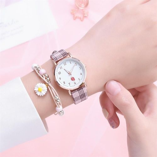 Montre De Luxe À Quartz Pour Femmes, Élégante, Design Fraise, Simple, Vintage, Bracelet En Cuir, Horloge