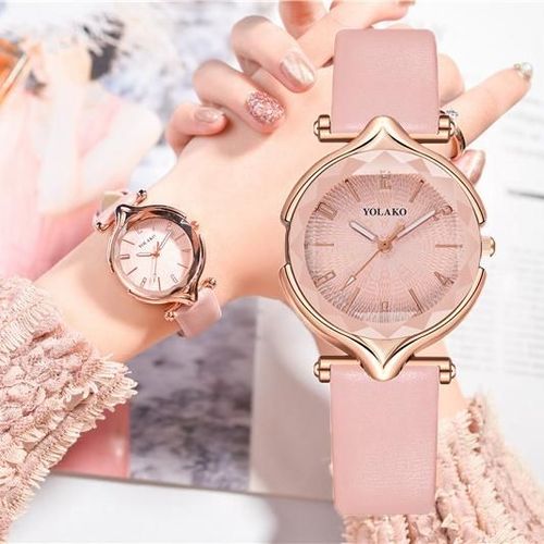 Montre-Bracelet De Luxe Fleur Rose En Cuir Pour Femmes, Beau Cadran À Quartz, Tendance Décontracté