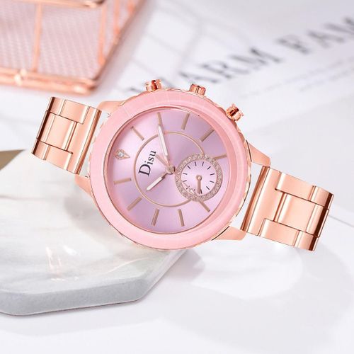 Montre À Trois Yeux En Acier Inoxydable Pour Femmes, Montre-Bracelet À Quartz, De Marque, Décontractée, Simple, À Échelle, Rose, Or,