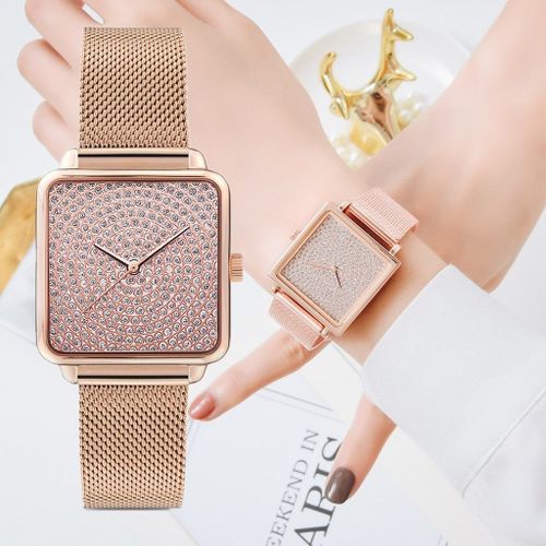Mode Or Rose Maille Bande Créative Carré Strass Cadran Femme Montre-Bracelet De Luxe Femmes Montres À Quartz Relogio Feminino