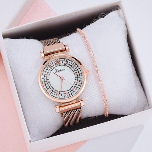 Montre À Quartz En Acier Inoxydable Pour Femmes, 1 Ensemble, Bracelet Japonais, Simple, Or Rose, Maille, Relogio Feminino