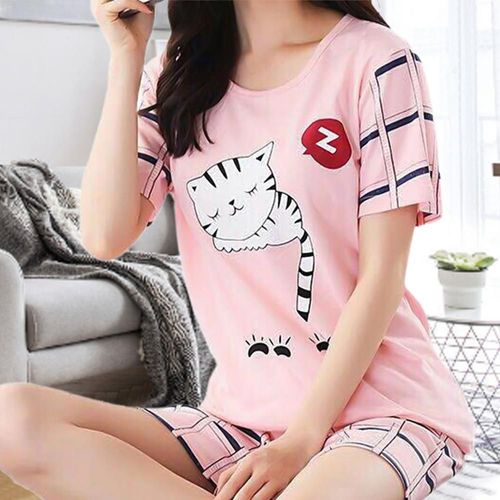 Mn-Ensemble T-Shirt Et Short Pour Femme, Pyjama D'été, Ceinture Artificiel Astique, Imprimé De Chats De Dessin Animé