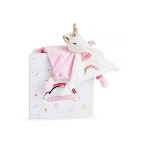 Doudou Tout Doux Licorne Happy 20 Cm Rose Blanche Or - Lavable A 30? - Cadeau Naissance - Peluche Bebe Fille