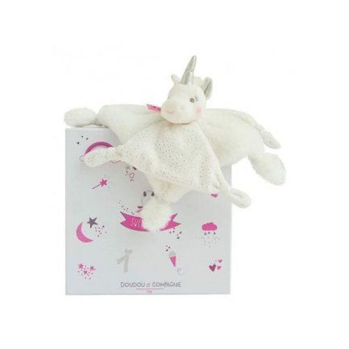 Coffret Cadeau Doudou Plat Licorne Blanche Et Argent 22 Cm - Peluche Douce Bebe Fille - Naissance, Nouveau Ne