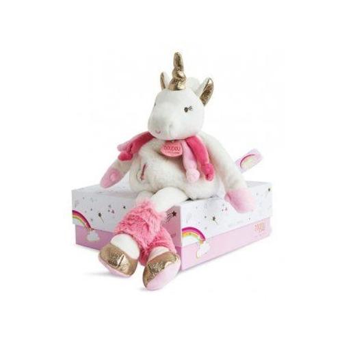 Peluche Pantin Licorne Happy 22 Cm Avec Boite Cadeau - Rose, Blanche, Or - Doudou Bebe, Naissance, Fille