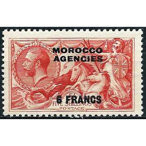Grande Bretagne, Bureaux Commerciaux Au Maroc 1932, Beau Timbre Yvert 11, Roi Georges 5, 5 Shillings Brun Rouge Surchargé "Morocco Agencies 6 Francs", Neuf*