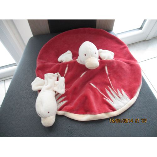 Doudou Plat Rond Rouge/Bordeau Avec Son Canard/Oiseau Et Son Bébé Marionnette Moulin Roty