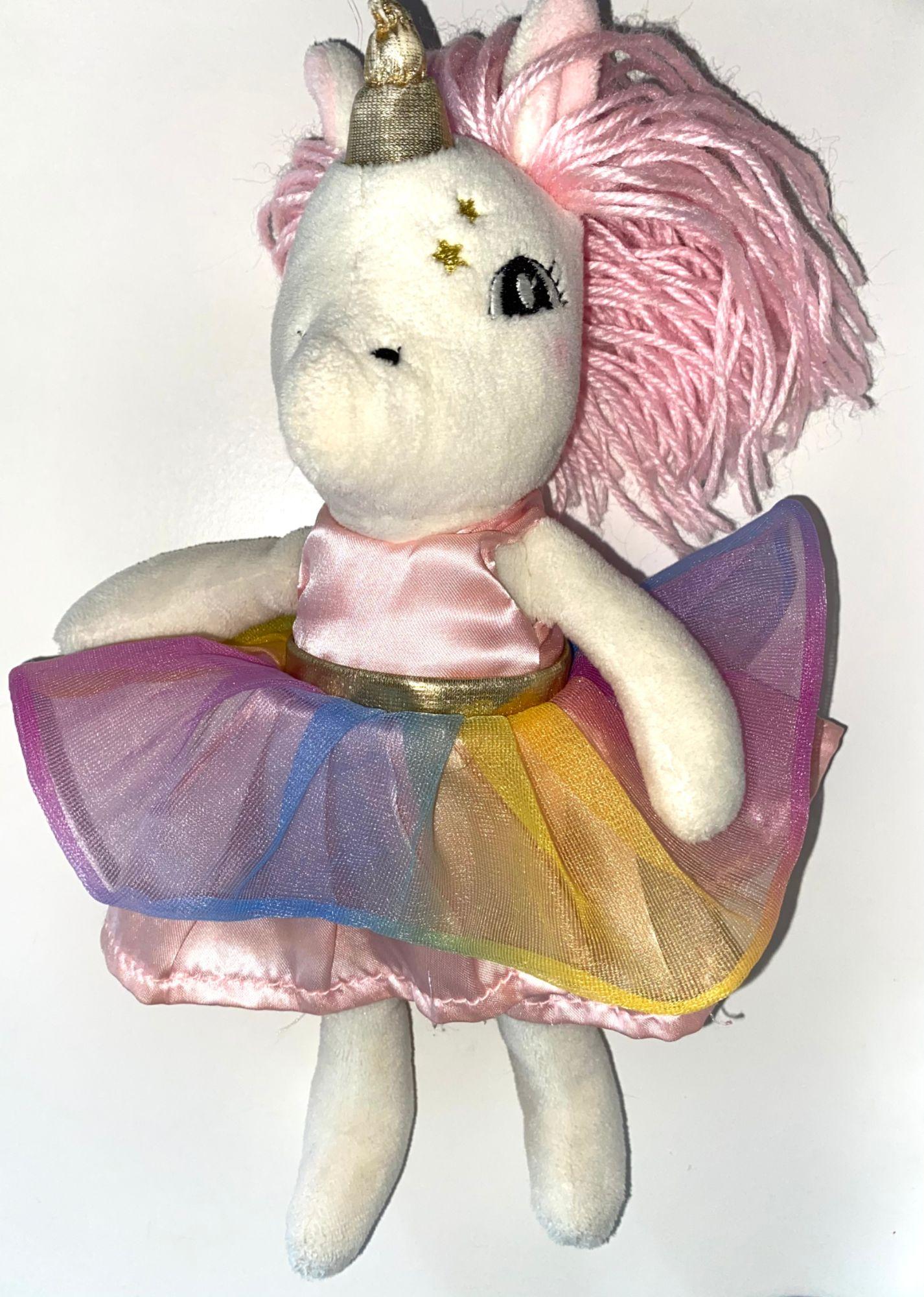 DOUDOU LICORNE BLANCHE ROSE ROSE TULLE ARC EN CIEL JOUET FEE POUPEE PETITE  FILLE H&M DOLL COMFORTER SOFT TOY UNICORN PINK WHITE RAINBOW DRESS