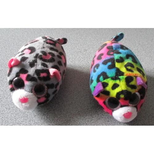 Lot de 2 peluches TY - modèle léopard - 1 rose et gris et l'autre  multicolore - Jelly et Miles - longueur 10cm environ