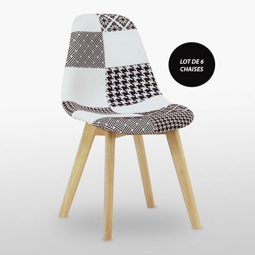 Lot De 6 Chaises Scandinaves En Tissu Patchwork - Coloris Noir & Blanc - Salle À Manger, Cuisine