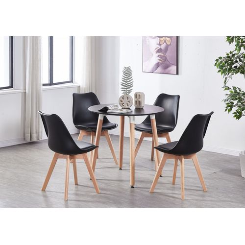 Table Noire Ronde + 4 Chaises Scandinaves Noires - Ensemble Pour Salle À Manger Ou Cuisine