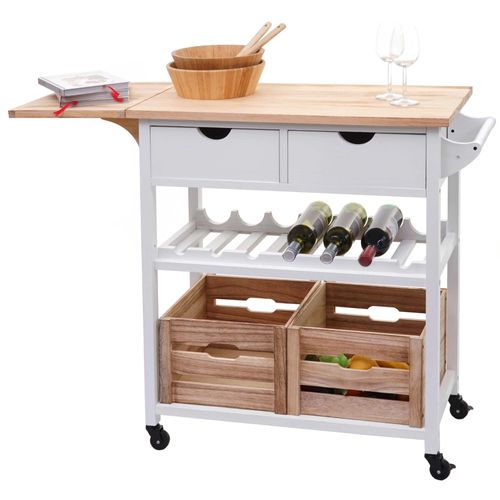 Chariot De Service Hwc-G35, Chariot De Cuisine À Roulettes Bois De Pin 89x119x41cm, Blanc Naturel