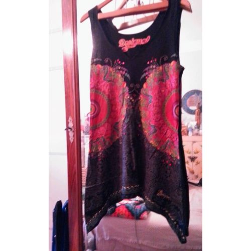 Robe Asymétrique Noire Motifs Colorés Perles Cousues 42 Xl Desigual.