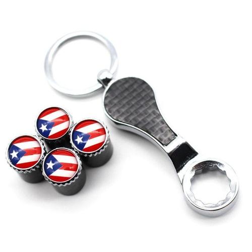 Puerto Rico Flag¿ 1 Jeu De Bouchons De Valve À Air Pour Pneu De Voiture, Avec Porte-Clés Clé, Fiber De Carbone + Tige En Cuivre, Couvercle Anti-Poussière, Accessoires De Voiture