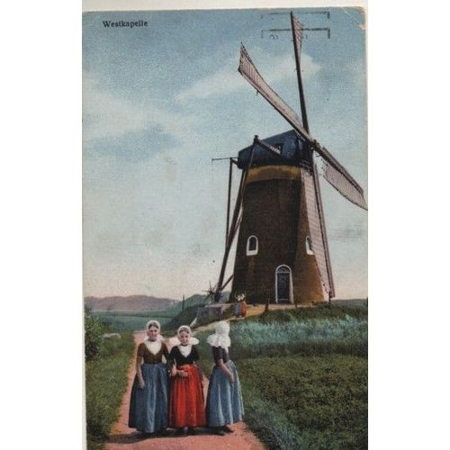 Carte Postale Ancienne Annee 1924 Theme Moulins - Westkappelle - Pays Pas - Affranchissement En Belgique- Timbre Et Obliteration - Flamme Touristique