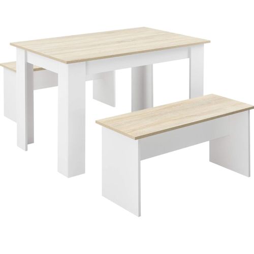 Lot De Table Et 2 Bancs Design Ensemble De Meubles De Salle À Manger Stylé Pour 4 Personnes Panneau De Particules Mélaminé 110 X 70 X 73 Cm Blanc Chêne