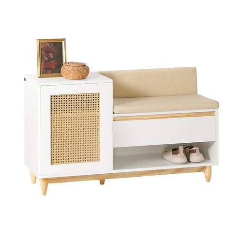 Sobuy Banc De Rangement À Chaussure Meuble D'entrée Porte À Treillis Avec Espace De Rangement Armoire À Chaussures Avec Coussin Et Tiroir Sur Pieds, Blanc-Naturel, 100x35x60cm, Fsr128-W