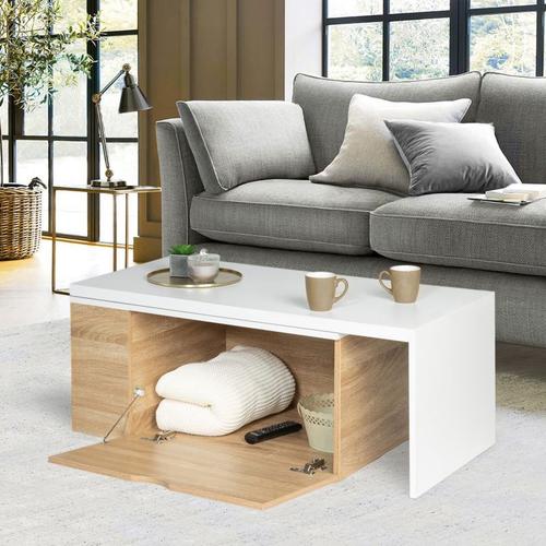 Table Basse Rotative Bois Et Blanc 360° Lizzi Extensible Avec Coffre