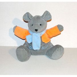 Peluche Kangourou Gris Veste Orange Foulard Bleu Doudou Kangourou Calin Et Bisou