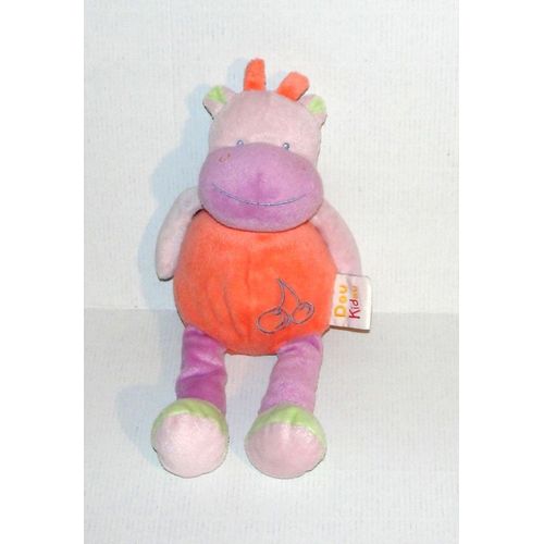 Doudou Hippopotame Doukidou Orange Rose Motif Cerise Peluche Animal 28 Cm